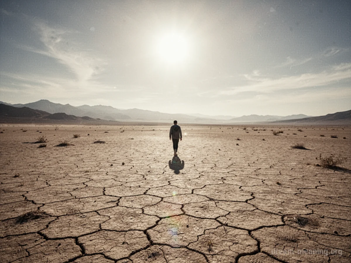 A distant silhouette walking across a dry, cracked desert under a bright sun.