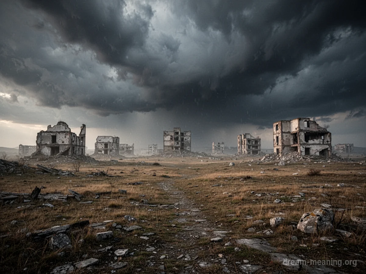 Crumbling buildings in a desolate landscape under a dark sky.