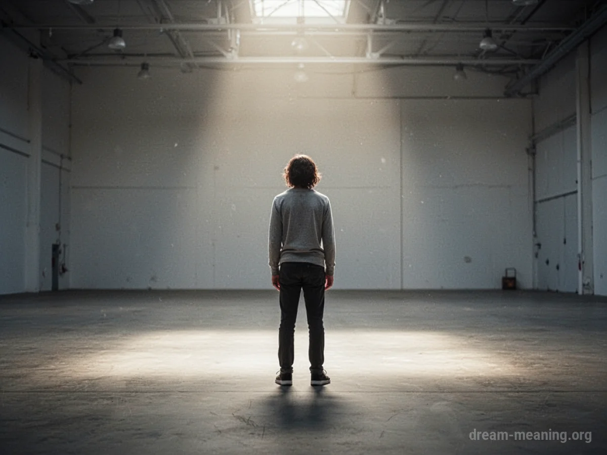 A silhouette of a person standing alone in a wide, open, dimly lit area.