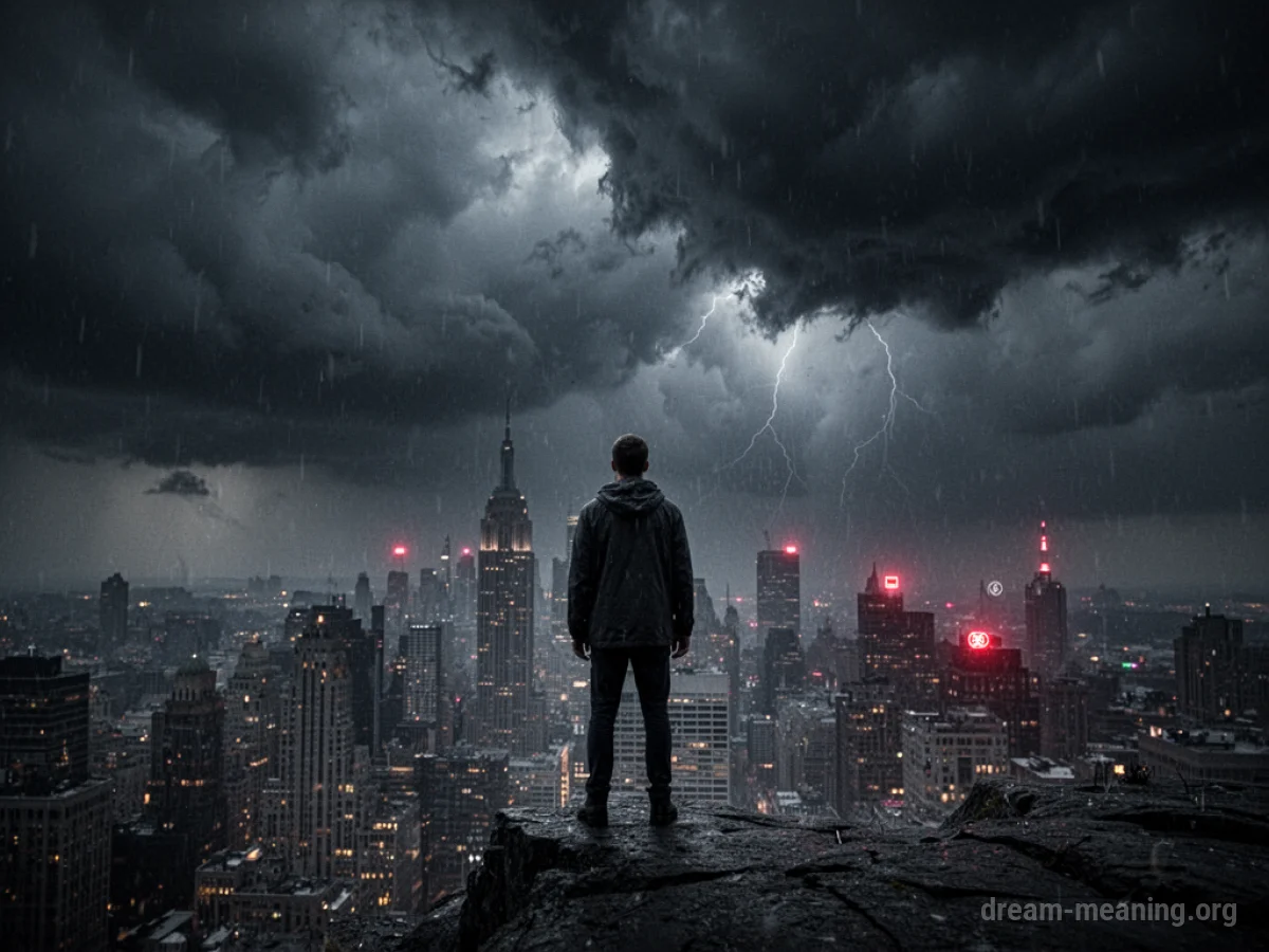 A lone person on a rooftop overlooking a city under a dark, stormy sky.