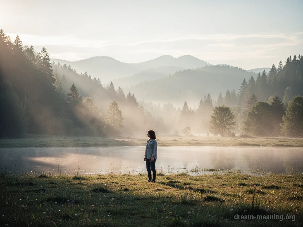 A tranquil landscape with soft lighting and a lone figure.