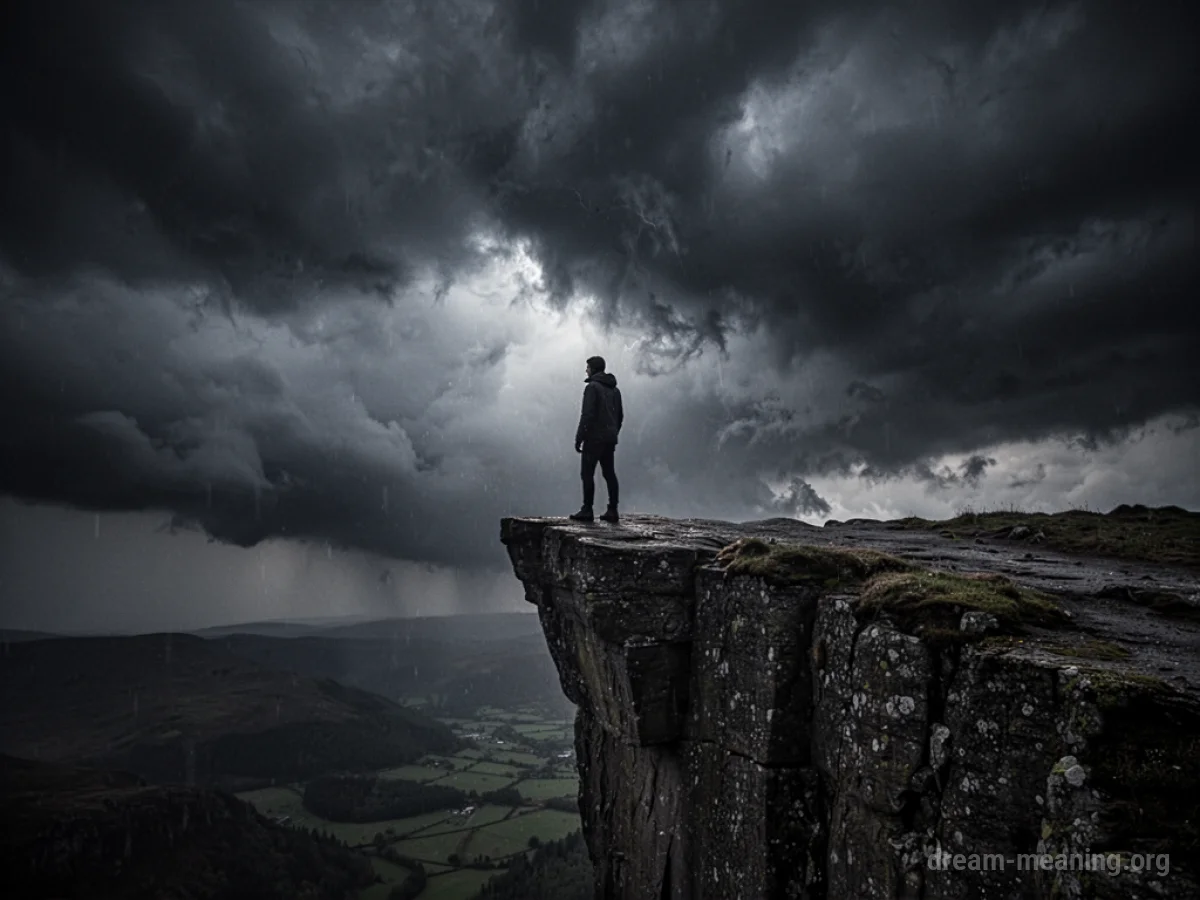 Silhouette of a person standing on the edge of a cliff with a dark, turbulent sky overhead.