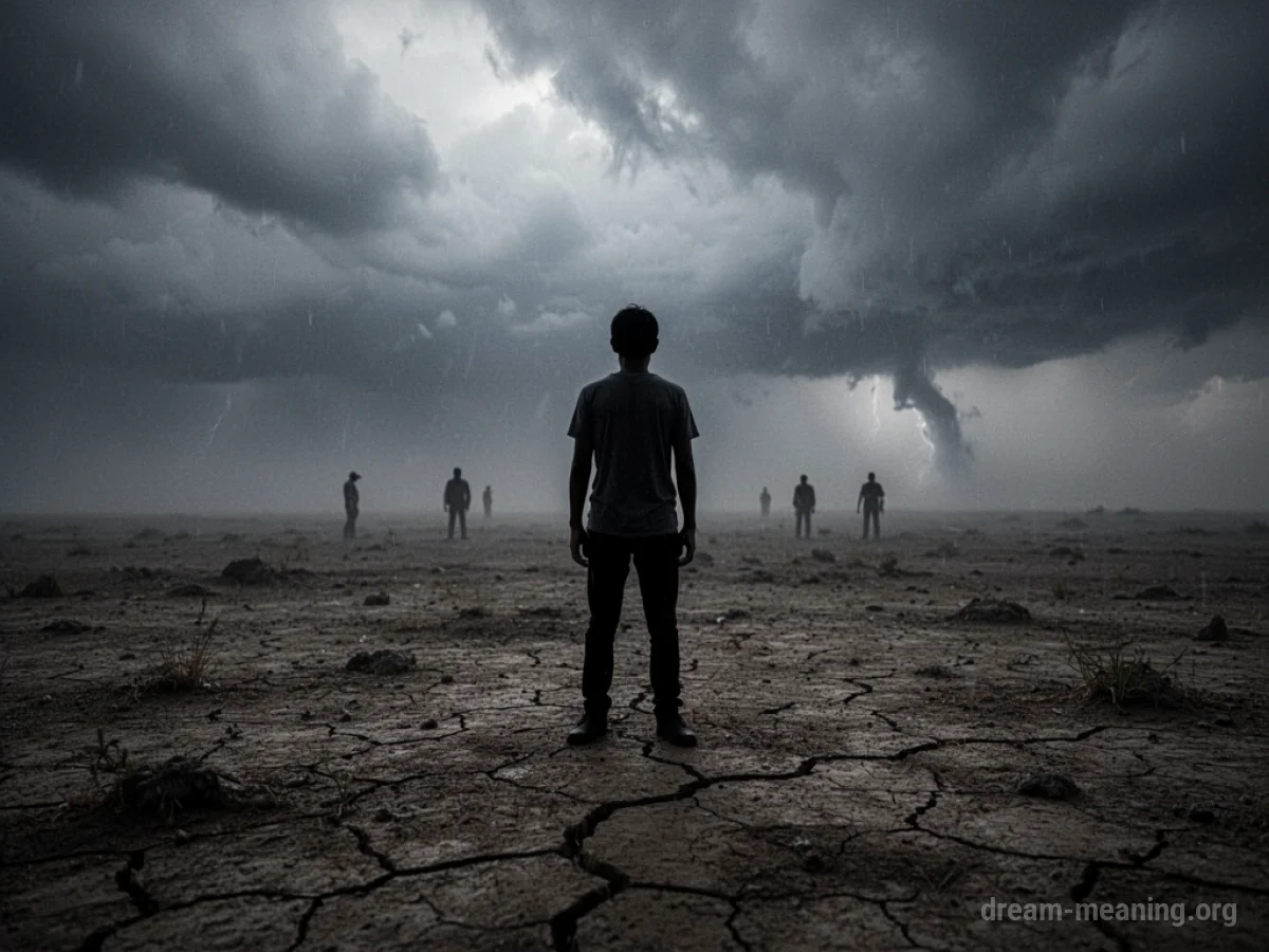 Silhouette of a person standing in a barren landscape under a dark sky.