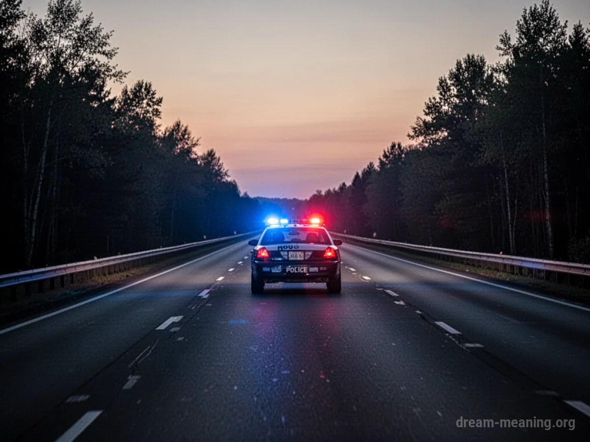 A police car with flashing lights on a highway.