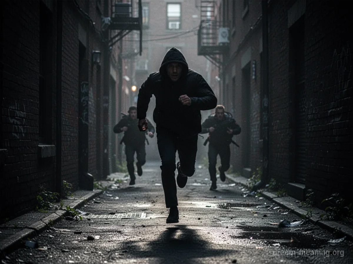 A silhouette running away from indistinct figures in a dark, narrow street.