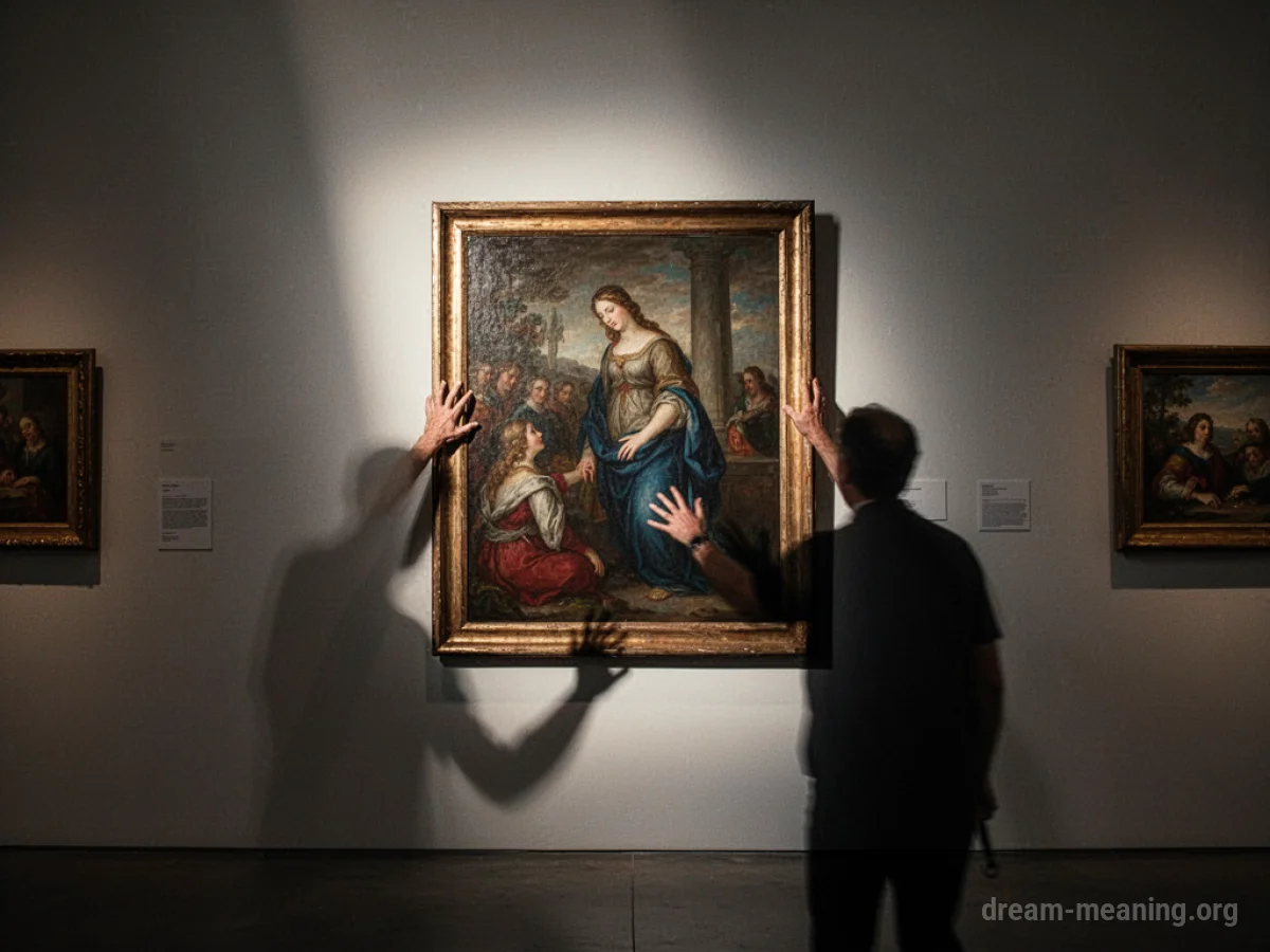 A silhouette of a hand reaching towards a framed painting.