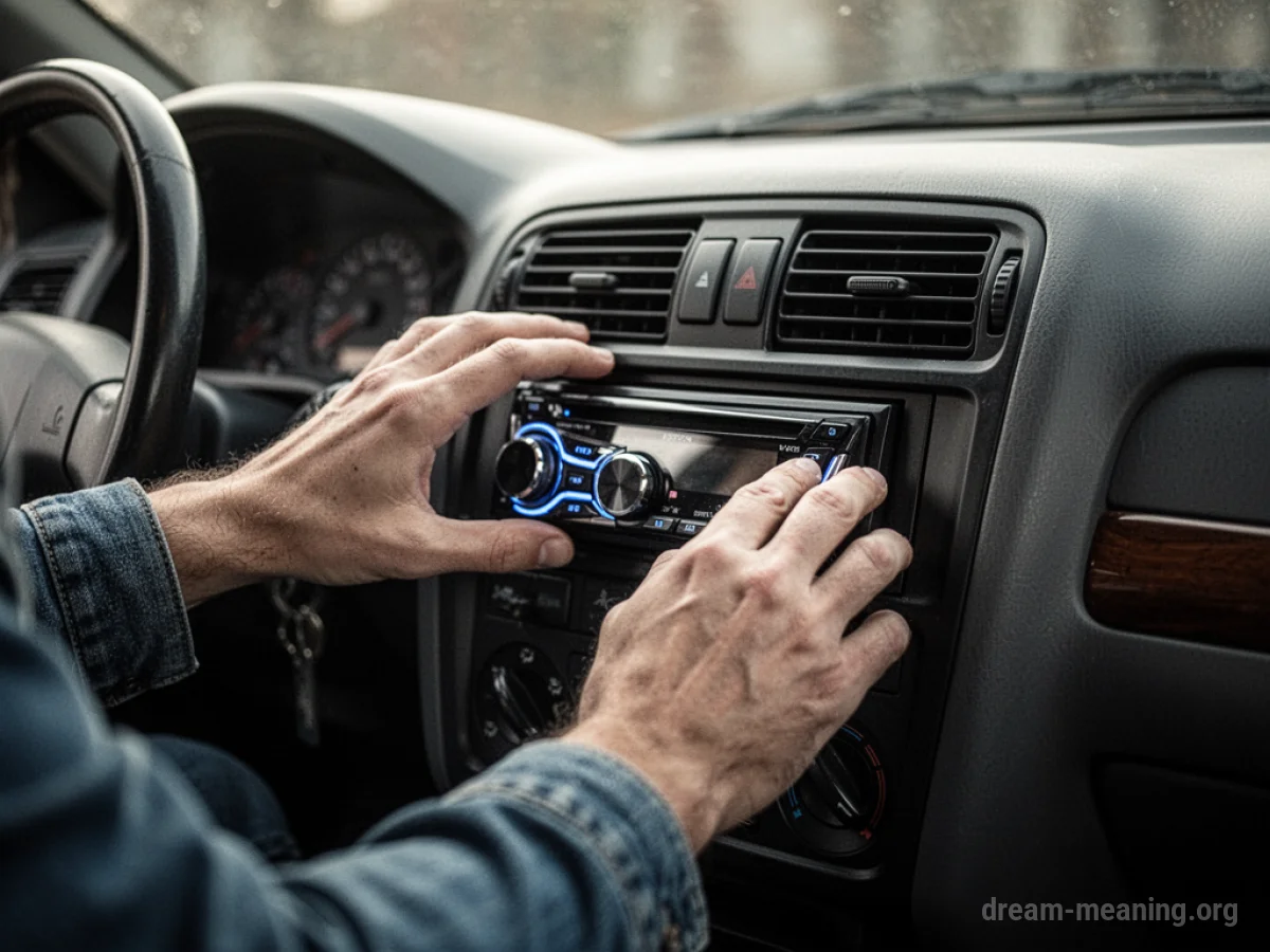 Hands reaching into a car dashboard towards a radio.