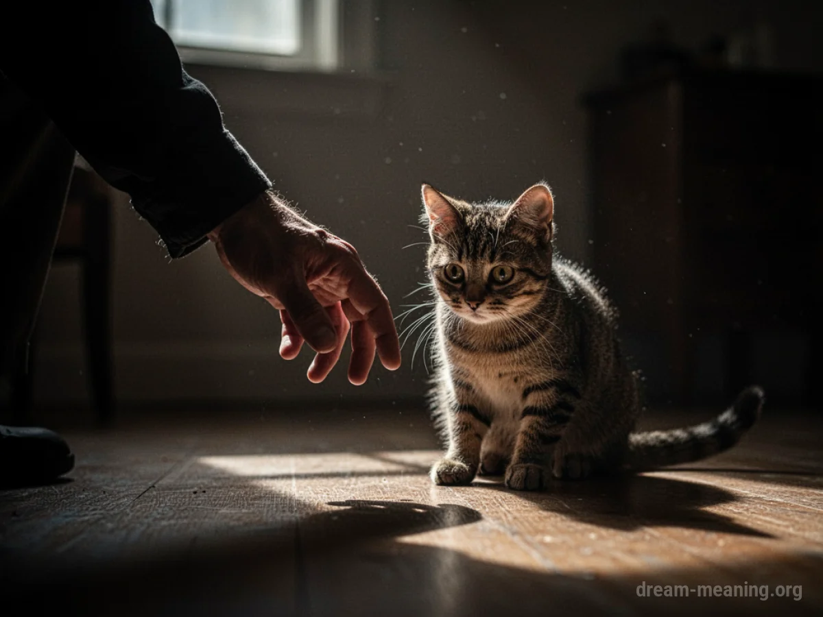 A hand reaching for a cat in a dark room.