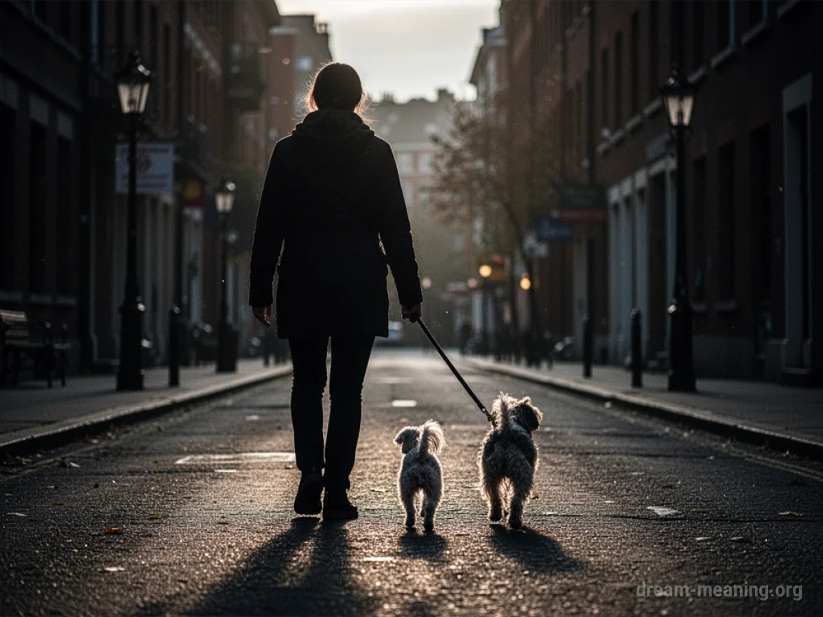 Silhouette of a person leading a dog away on a leash.