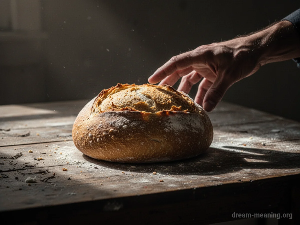 A shadowy hand reaching for a loaf of bread on an empty table.