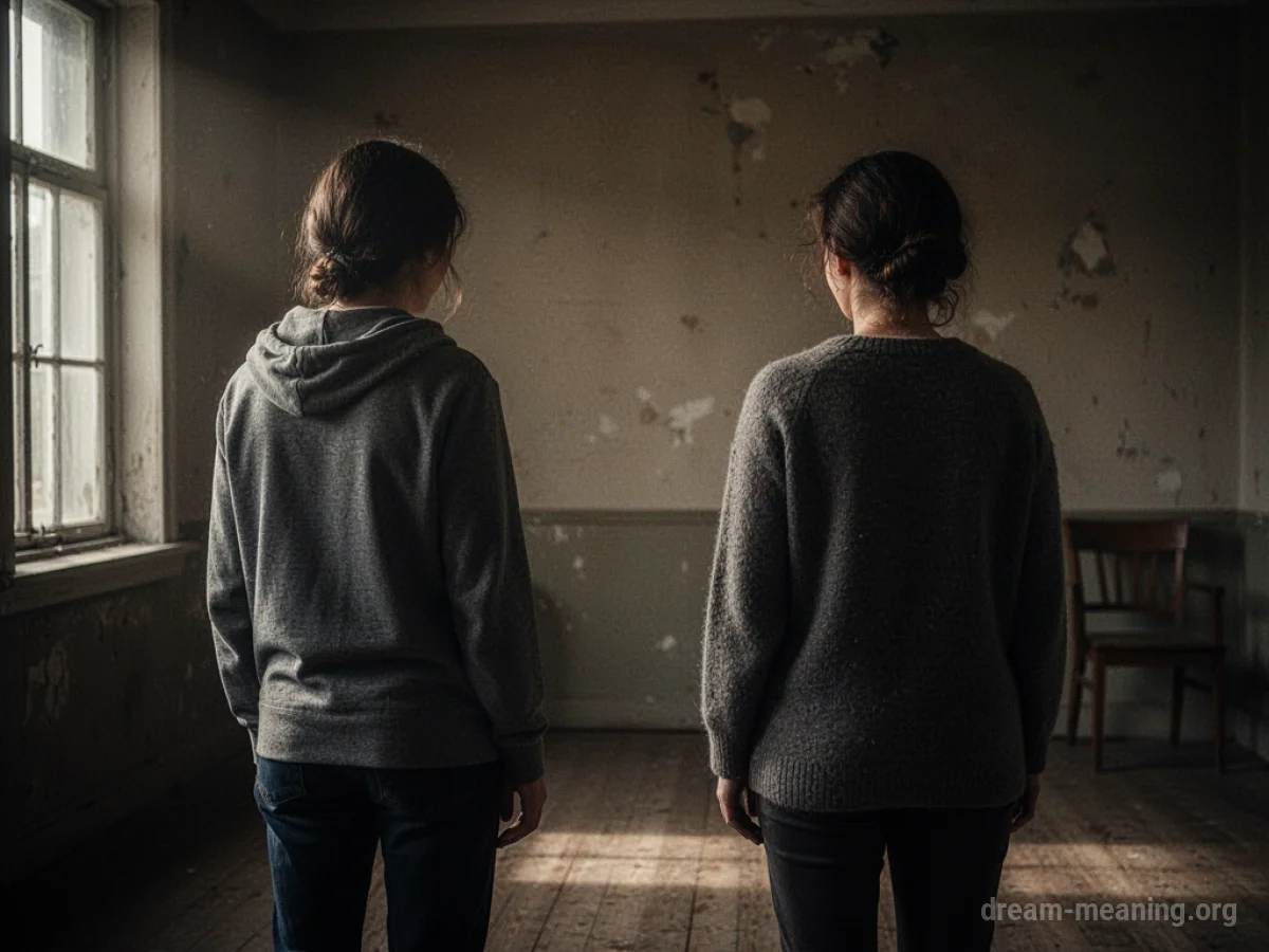 Two figures facing away from each other in a shadowed space.