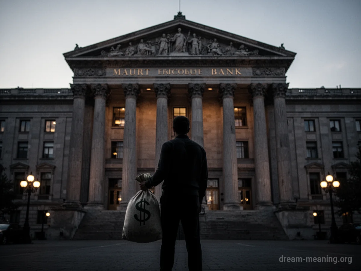 Silhouette of a person with a money bag in front of a bank.