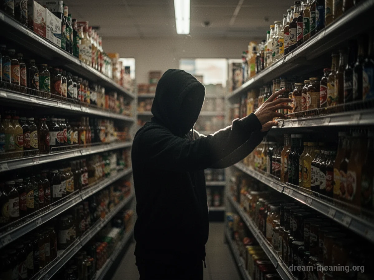A person's hand reaching for a product on a store shelf in low light.