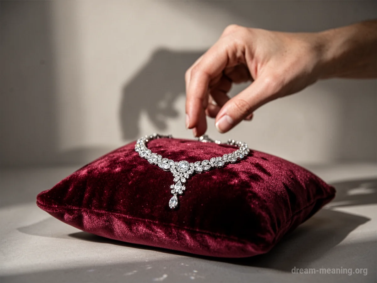 A hand reaching towards a necklace.