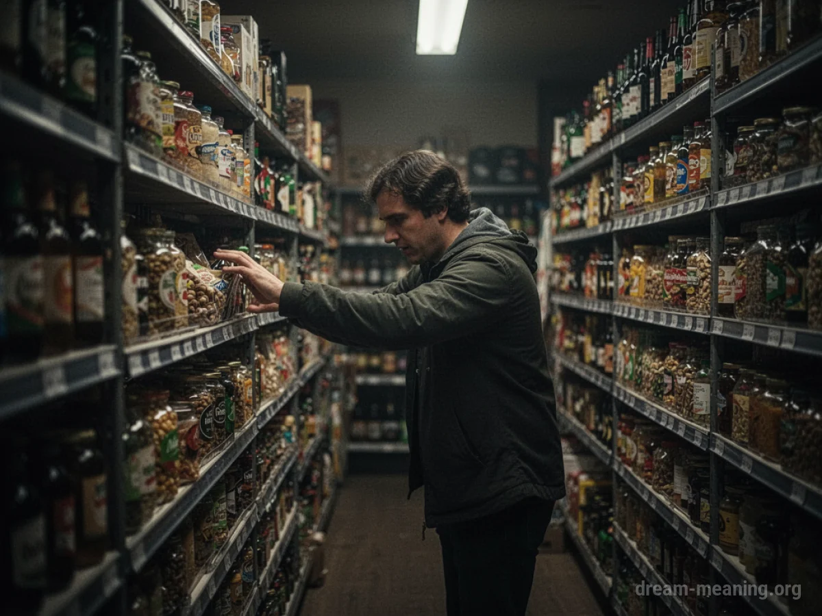 Person reaching into a shop display in a dimly lit aisle.