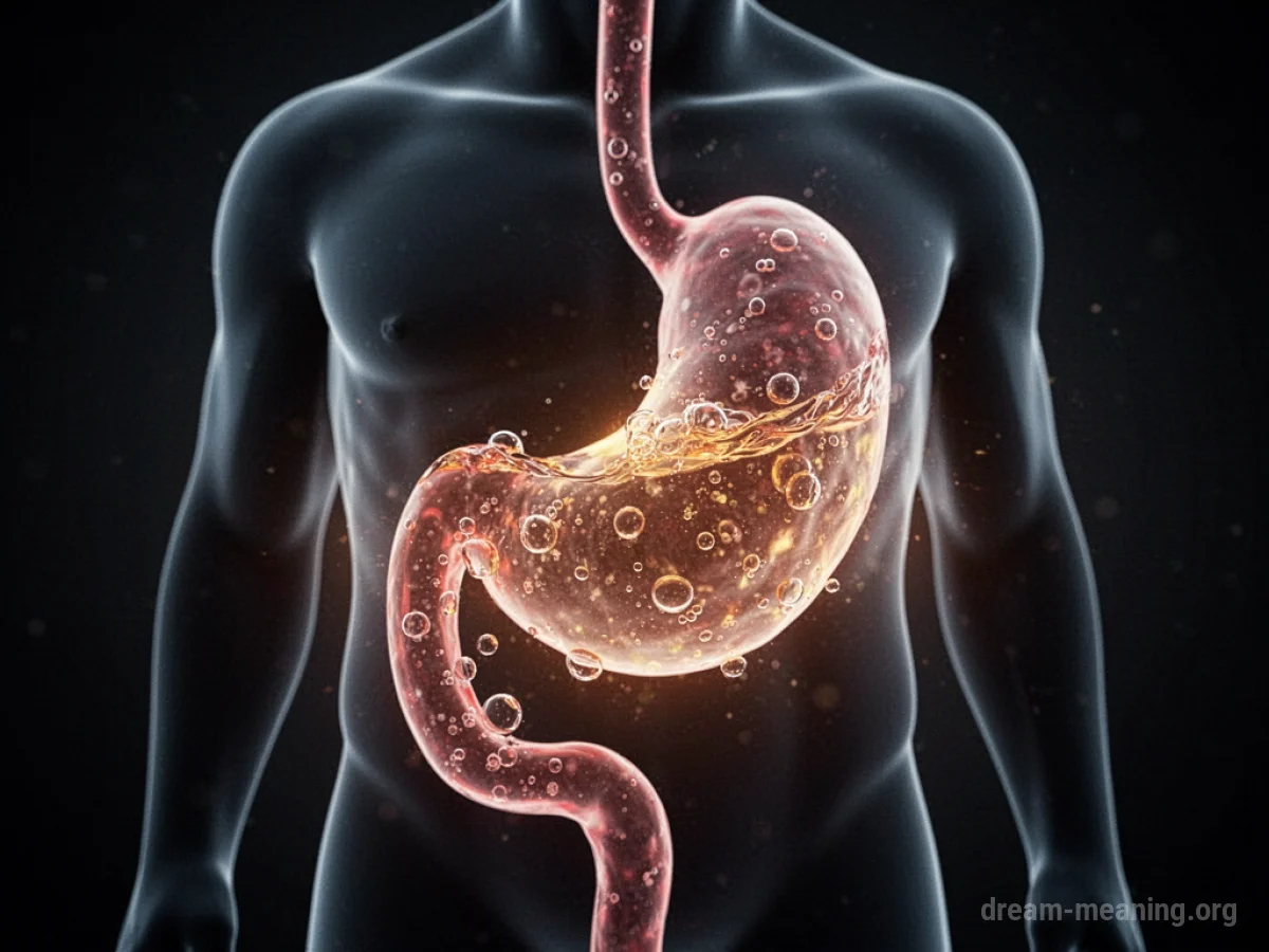 Glowing liquid bubbling within a translucent stomach shape.
