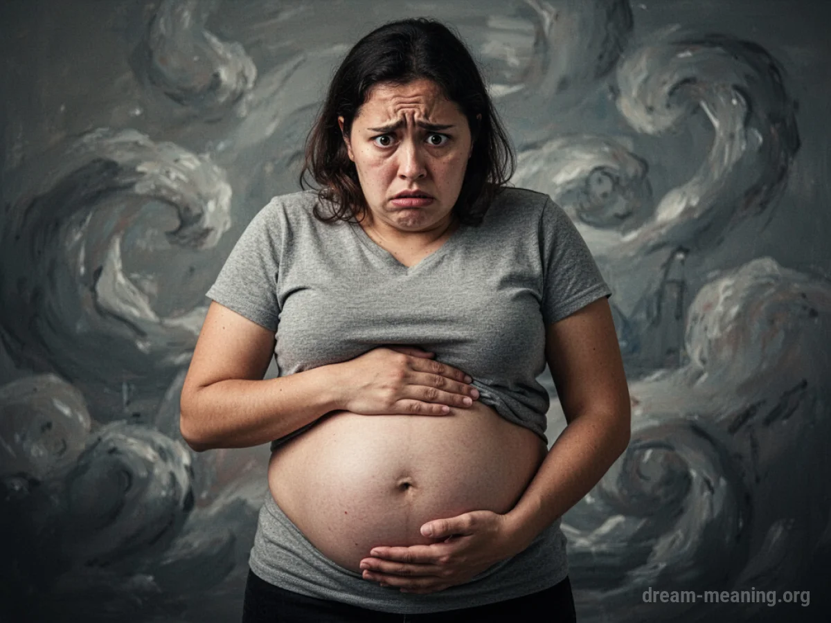 Person holding their swollen stomach with a worried look.