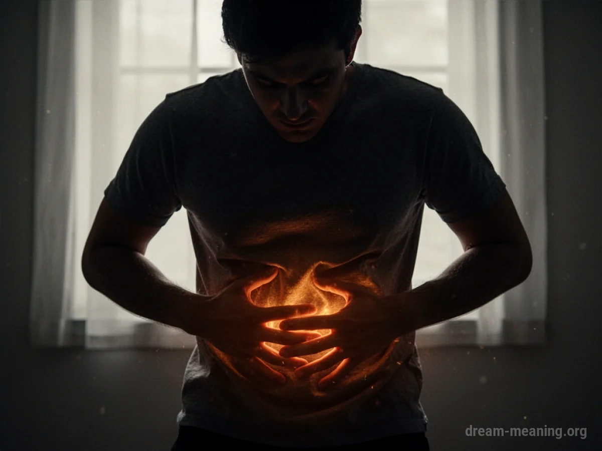 Silhouette of a person clutching their stomach with a subtle glow inside.