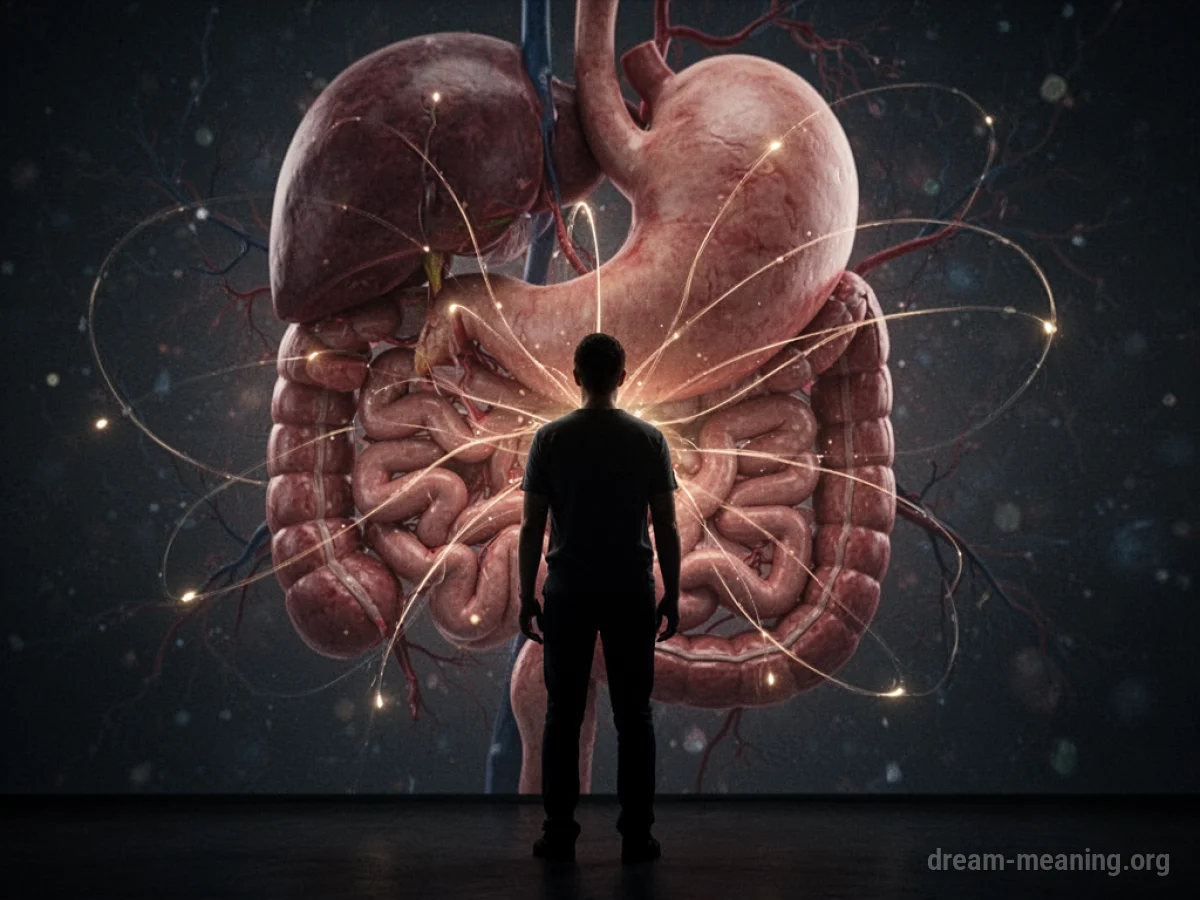 Silhouette of a person before a symbolic representation of internal organs.