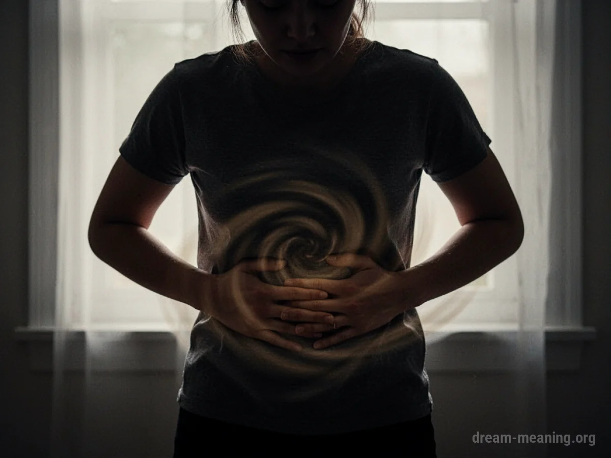Silhouette of a person clutching their abdomen, with indistinct shadows around them.