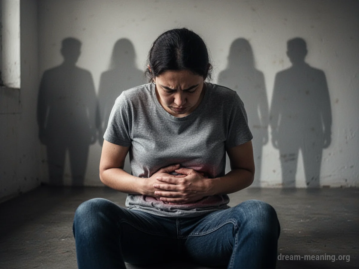 A person holding their stomach with a faint, worried expression.