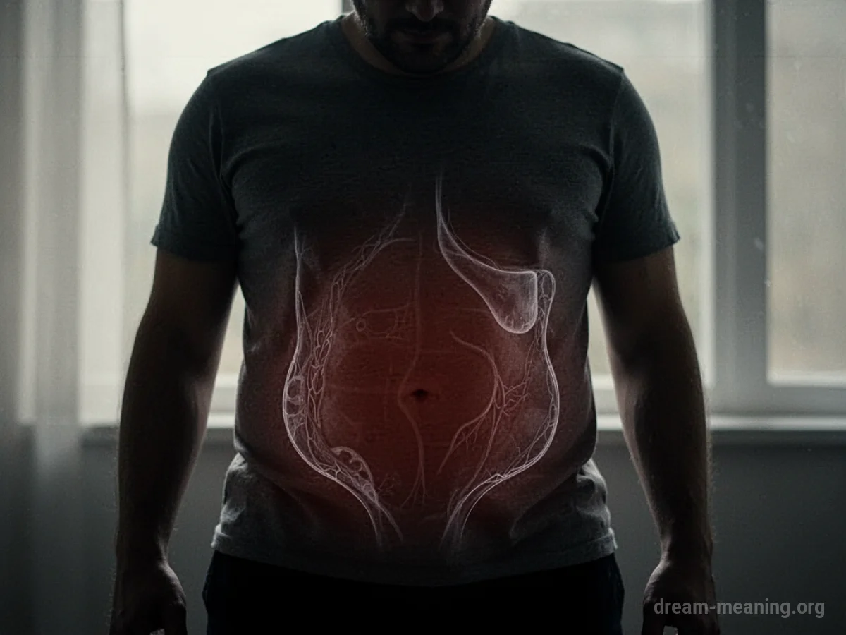 A faint, abstract outline of a stomach area with glowing lines suggesting repair.