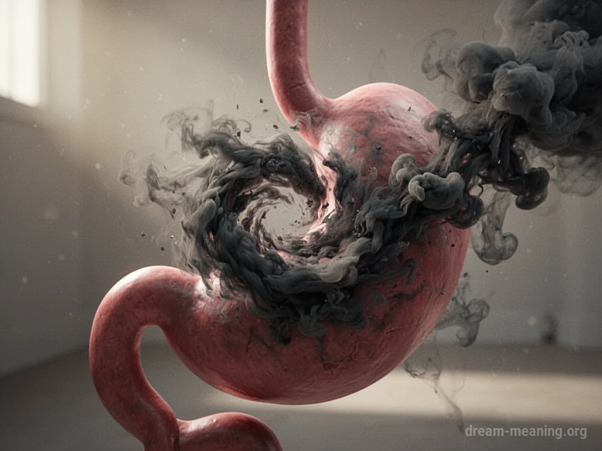 A silhouette of a stomach expelling dark smoke.
