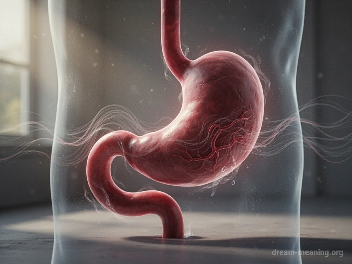 Abstract visualization of internal discomfort within a stomach outline.