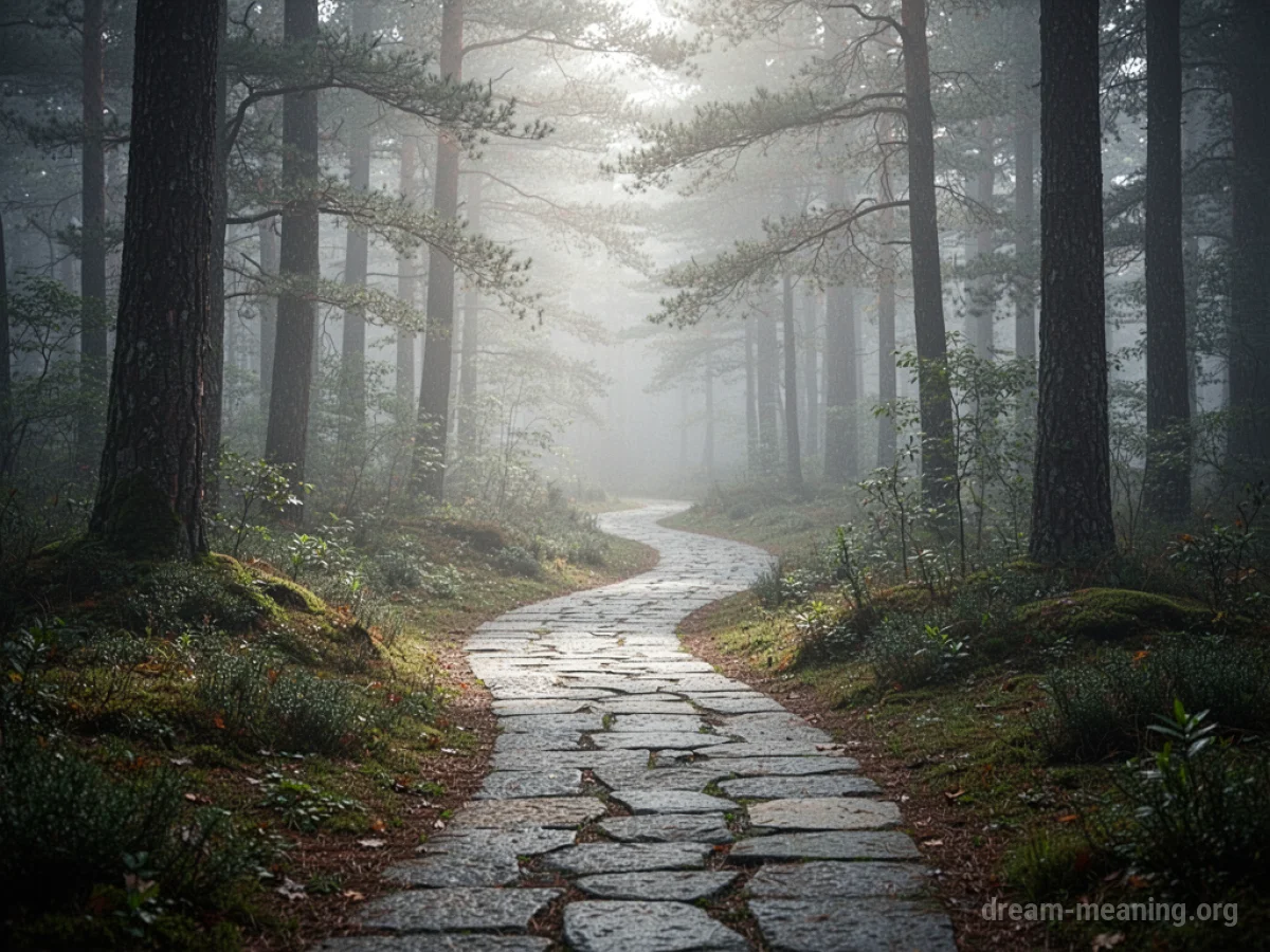 A stone path curves through a dense, foggy forest.
