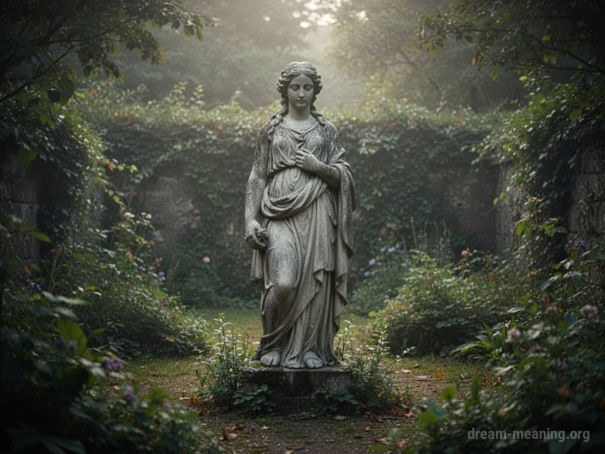 A stone statue in a garden.