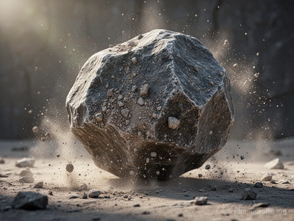 A solid stone block breaking apart into fine particles of dust.