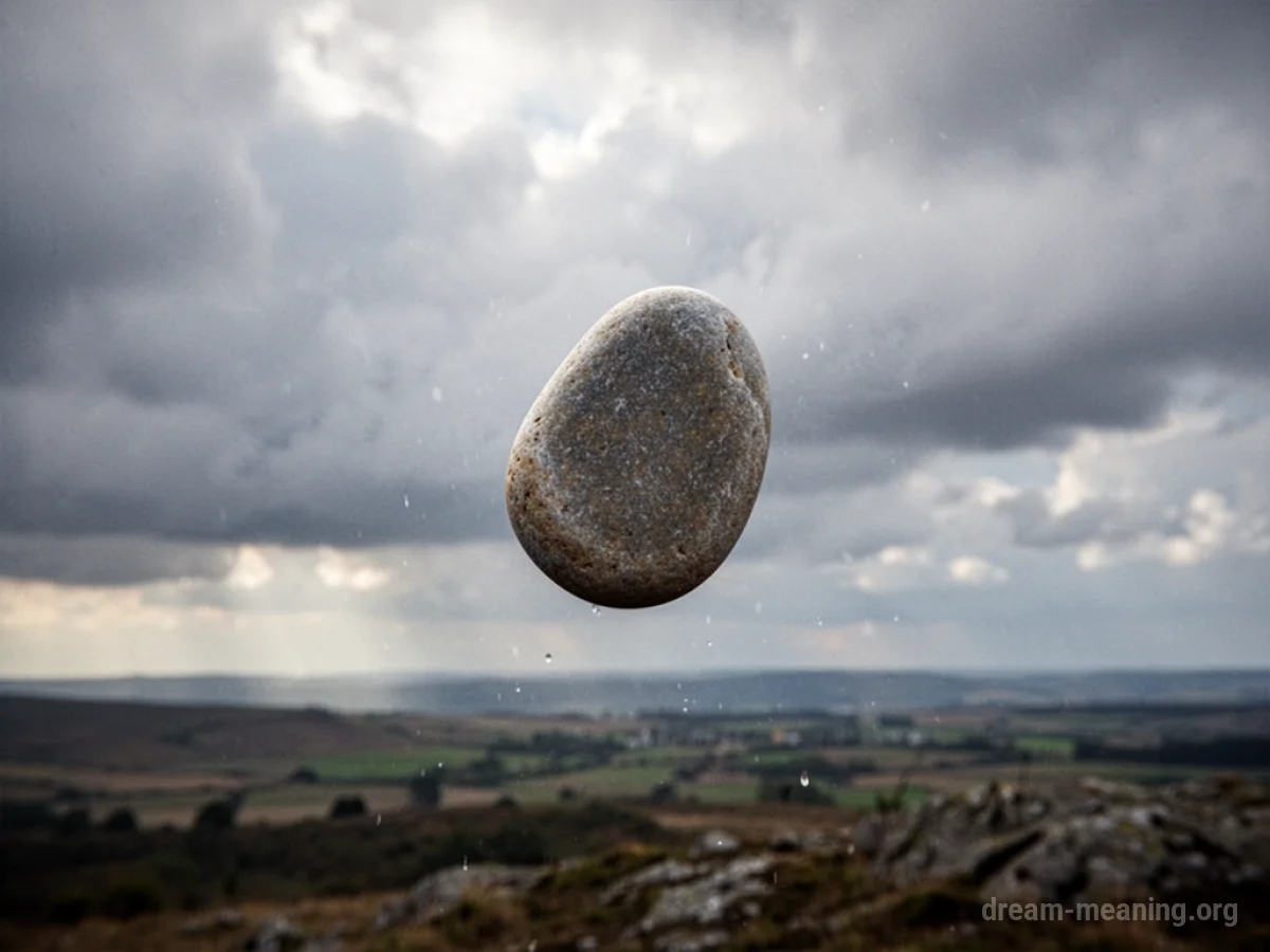 A stone in mid-air against a sky with clouds.