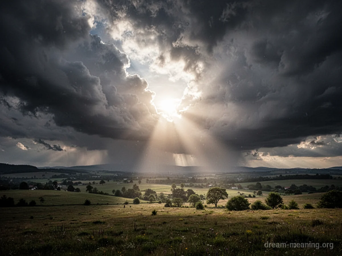 Sunlight shining through parting storm clouds.