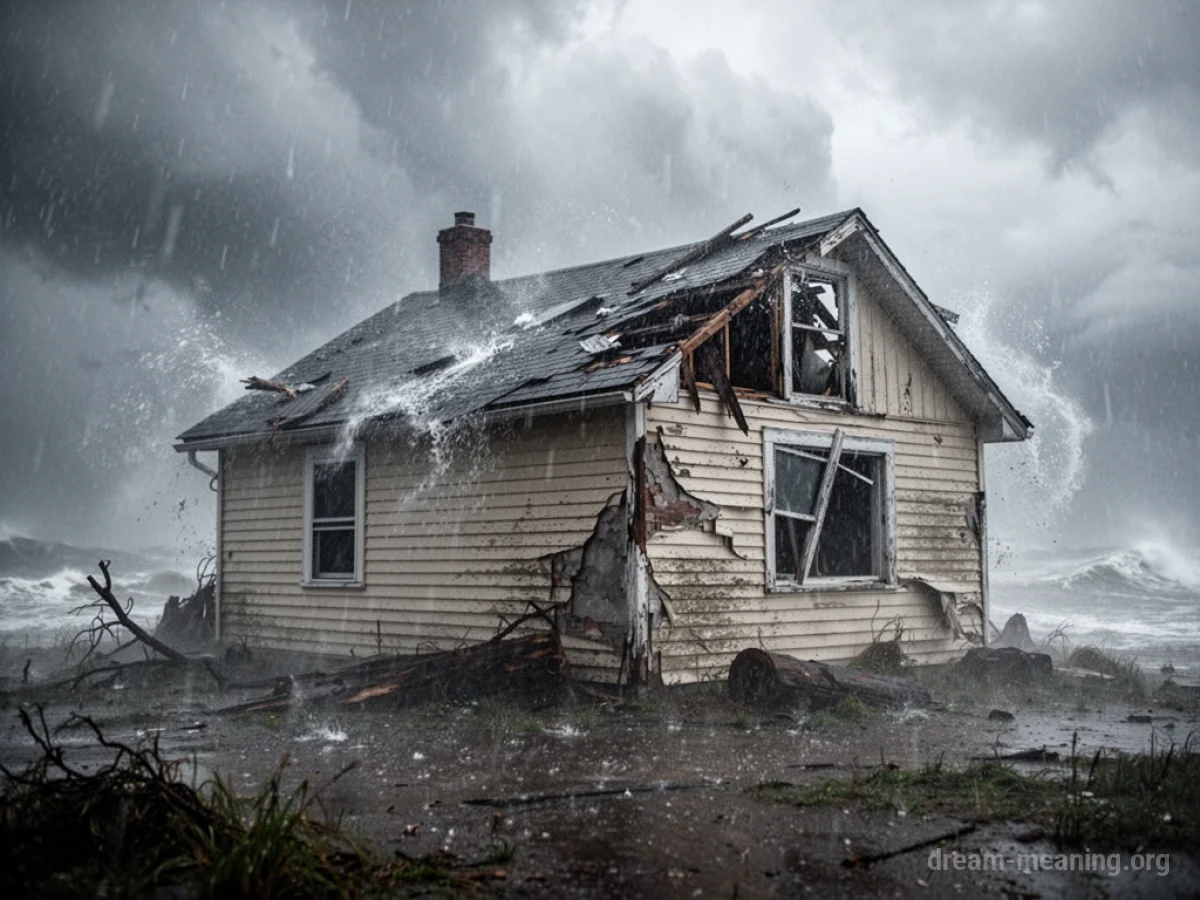 A house being damaged by wind and rain during a severe storm.