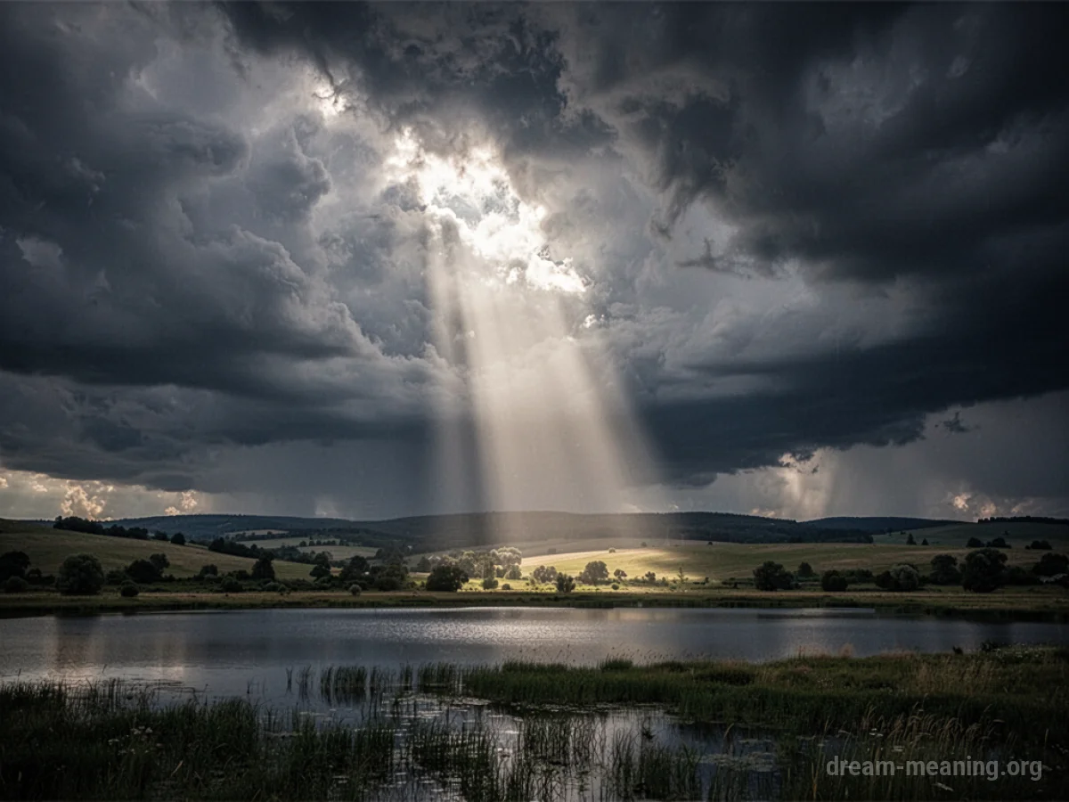 Sunlight breaking through dark clouds after a storm.