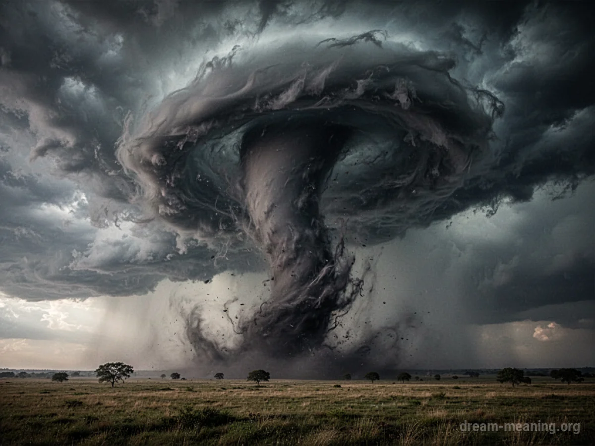A large funnel cloud descends from stormy clouds.