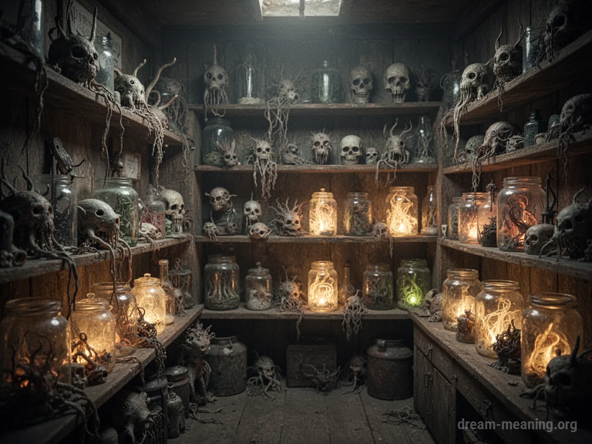 Shelves in a shop filled with odd, unidentifiable objects.