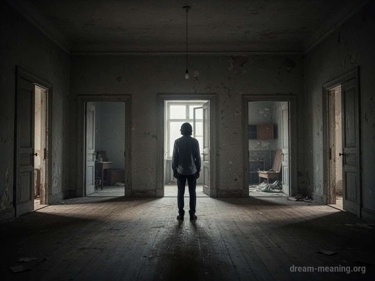 A person standing in a dimly lit room with multiple doorways.
