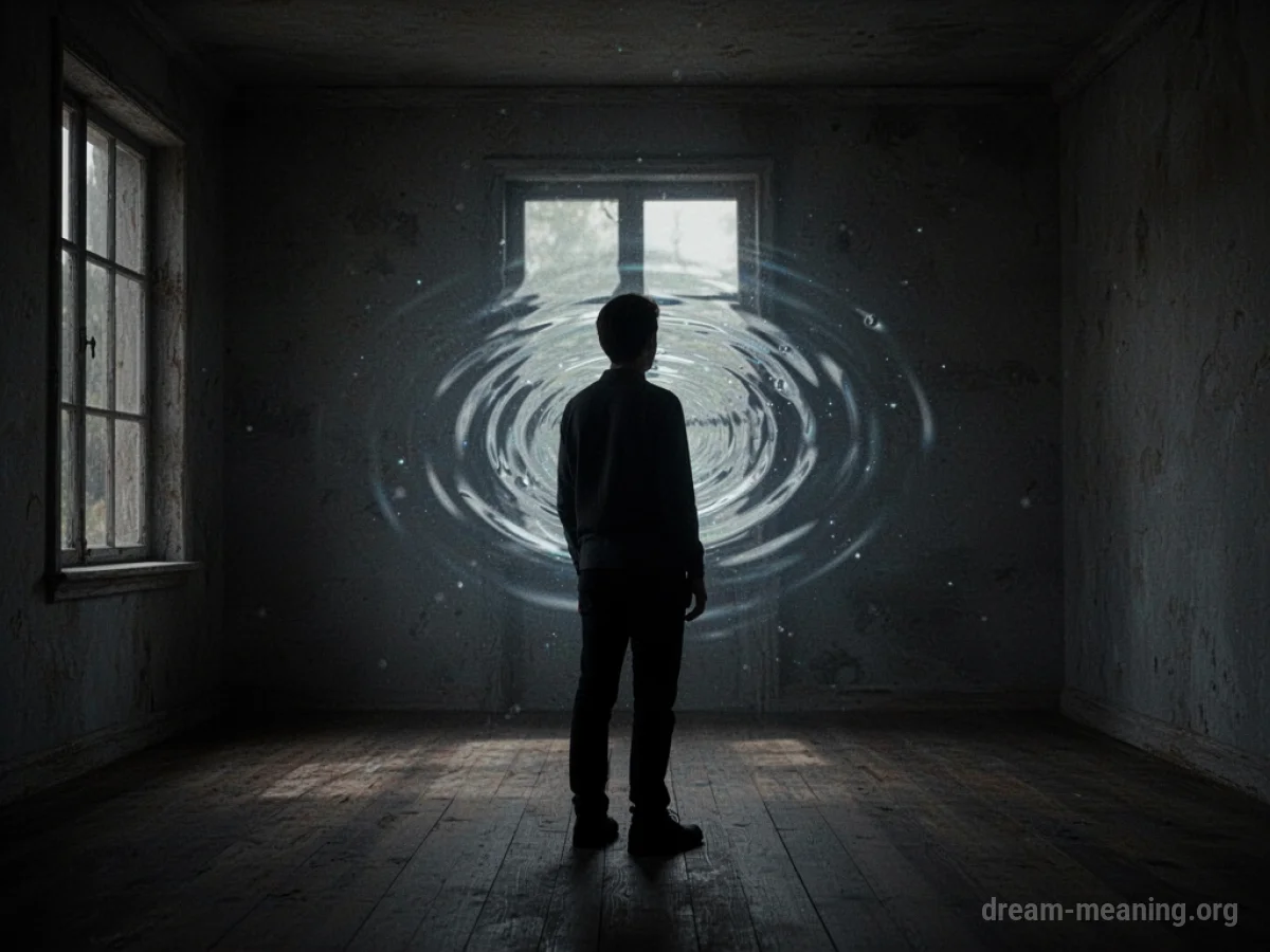 Silhouette of a person in a dark room facing a faint disturbance in the air.