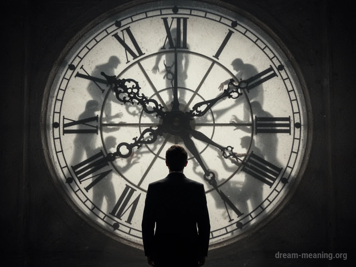 A shadow figure adjusting clock hands on a large clock face.