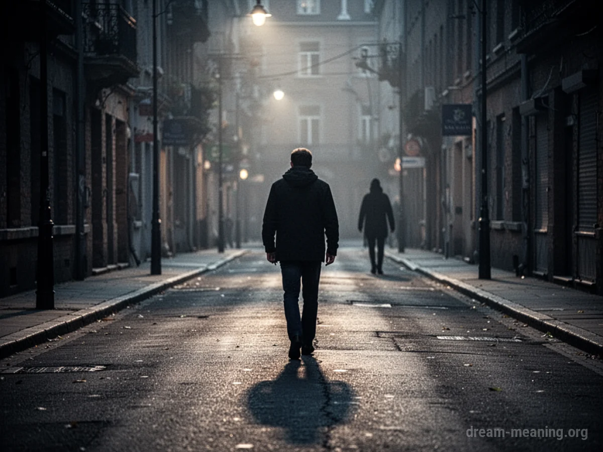A person walks down a dark street with a shadowy figure behind them.