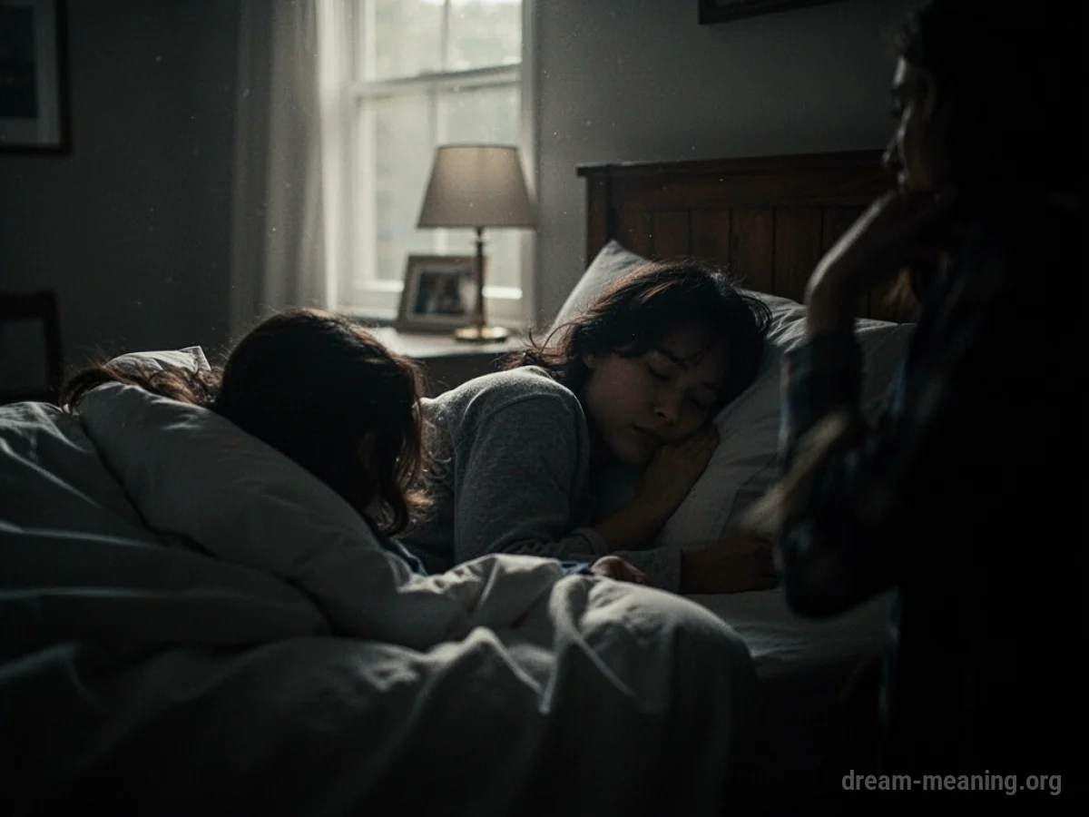 Silhouette of two figures in a dimly lit bedroom.