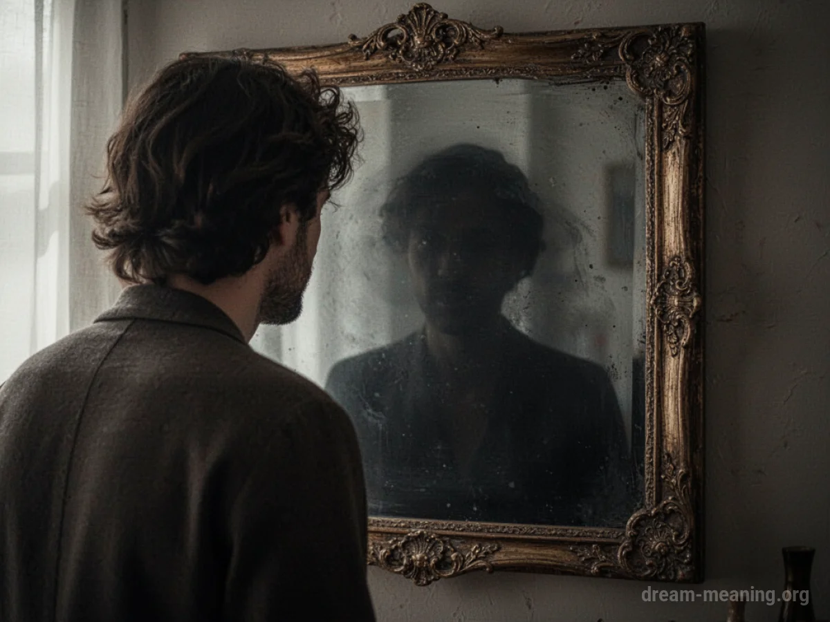 A person's reflection in a mirror appearing as a shadowy figure.