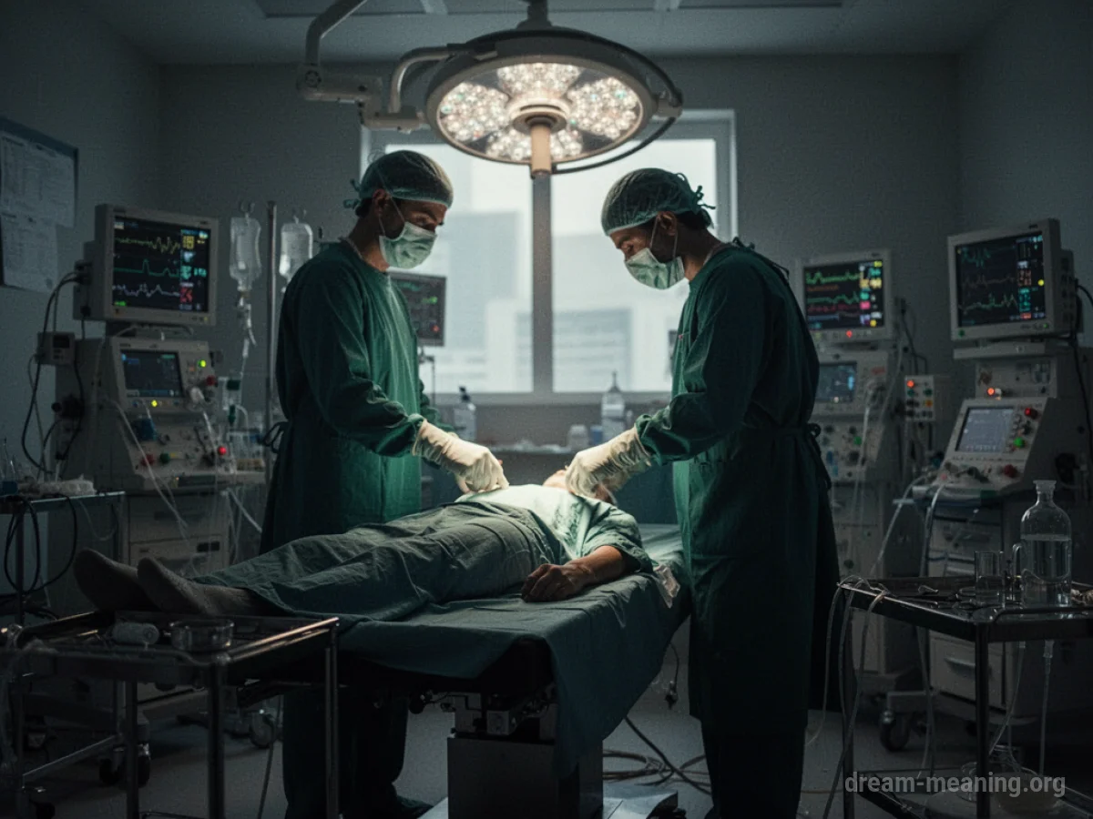 Silhouette of a surgeon in an operating room with medical equipment.