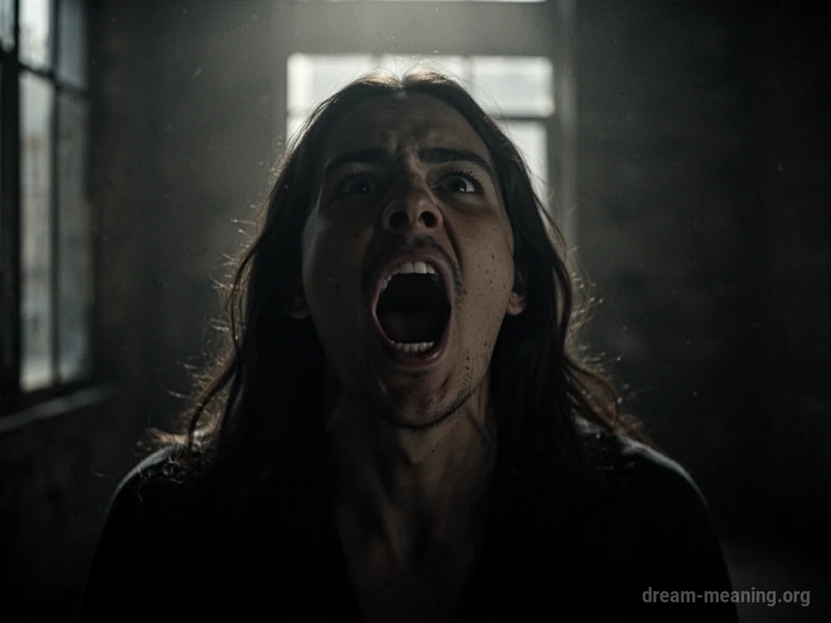 A distant, dark silhouette of a person with their mouth open.