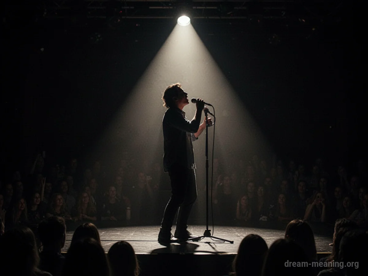 Silhouette of a person singing under a spotlight.