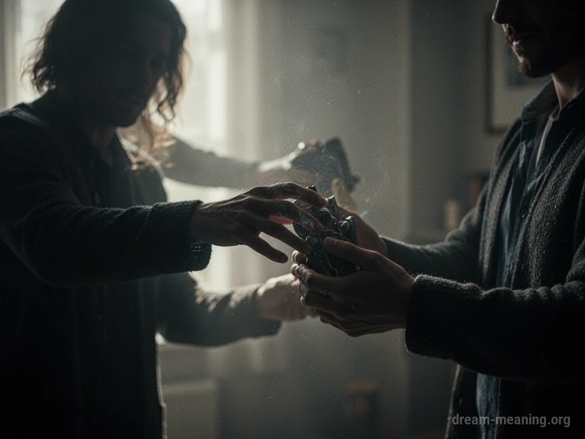 A blurred figure's hand reaching towards a person's hand holding an item.