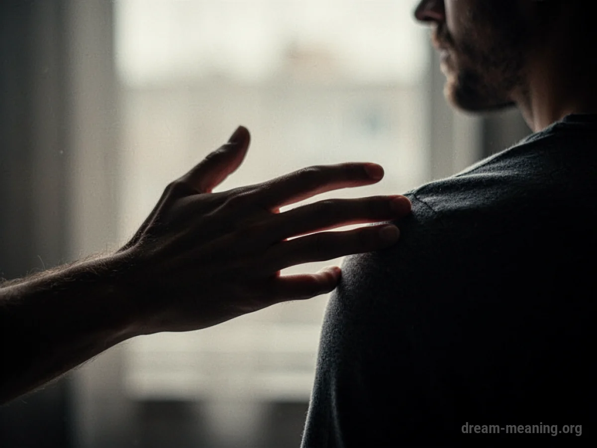 A faint outline of a hand extending towards a person's shoulder.
