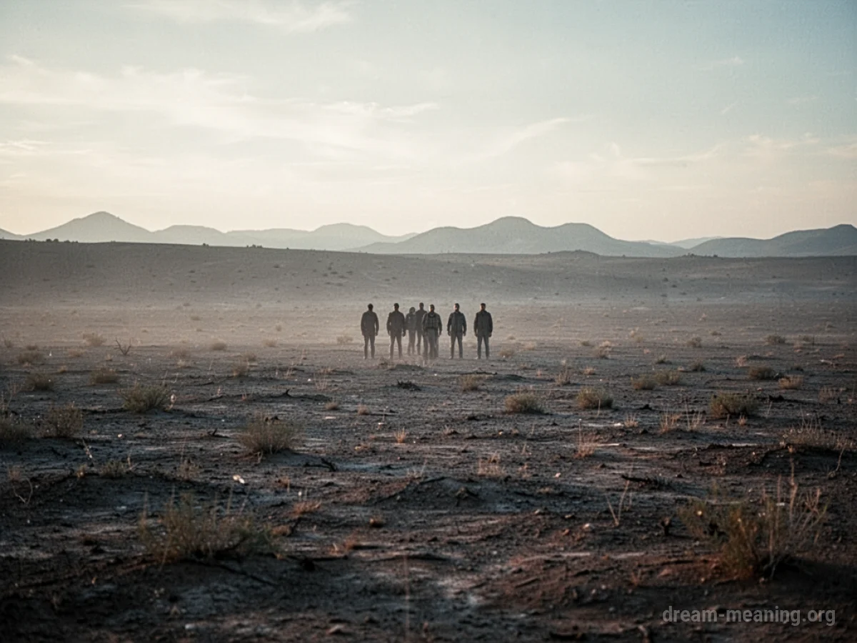 Silhouettes of people in a desolate landscape.