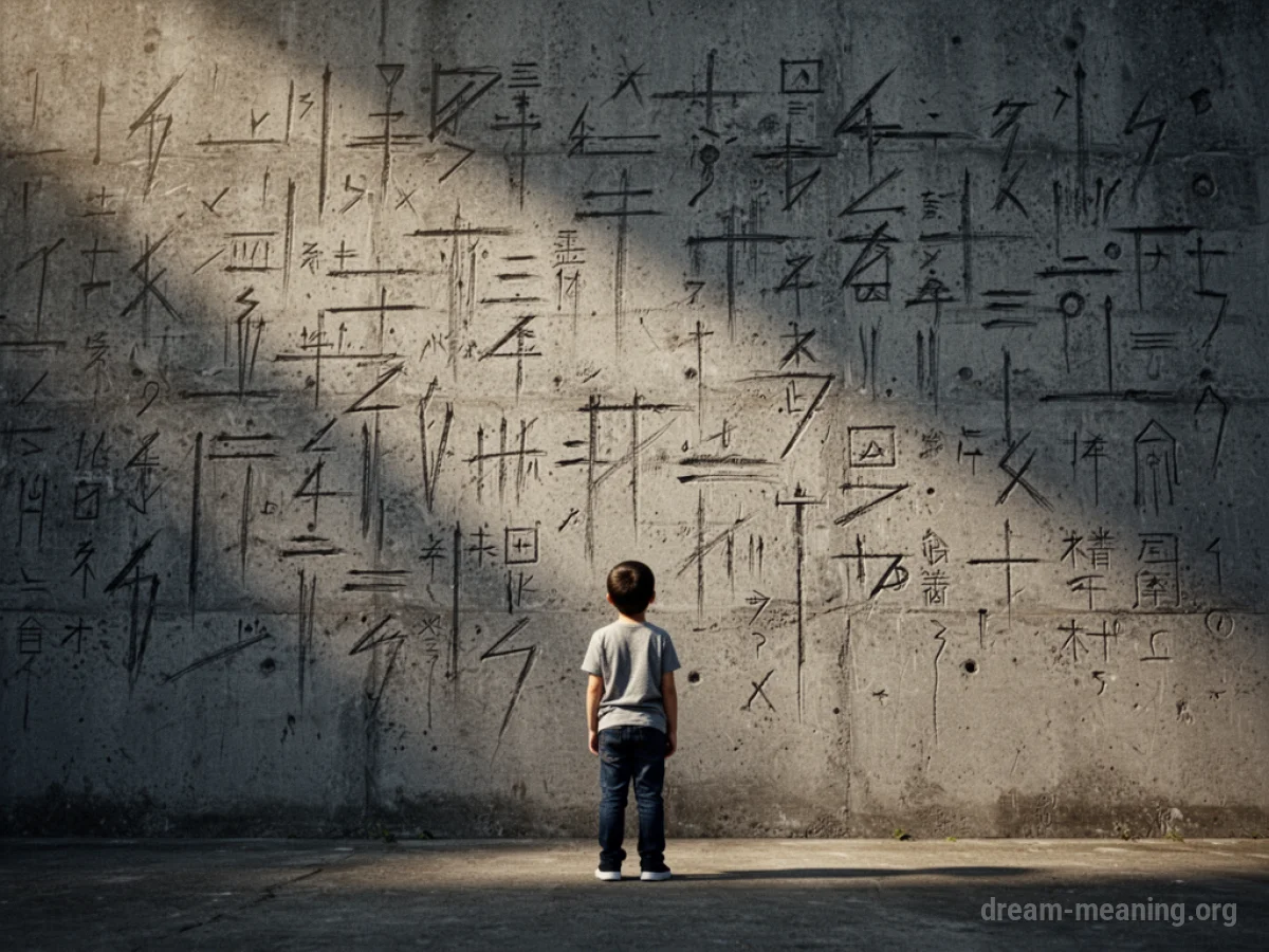 Silhouette of a small figure facing a large, imposing wall covered in rigid lines and symbols.